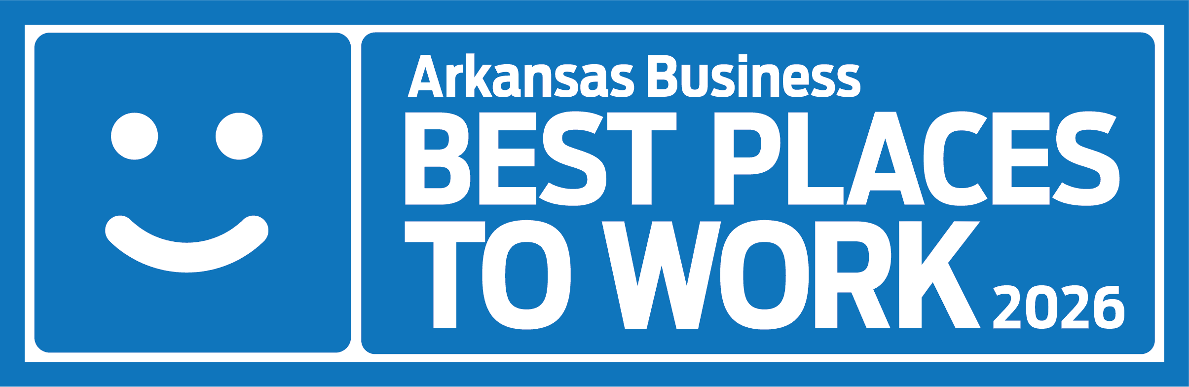 Blue and white graphic with a smiley face and the text “Arkansas Business Best Places to Work 2026.”.
